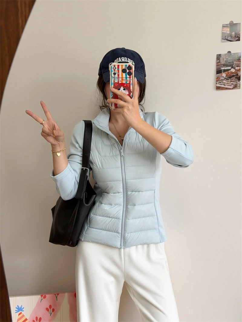 

Slim Fit Quilted Jaet with Stand Collar Splicing Design Warmth Enhanced Fce oulder Tapering Lightweight Winter ...