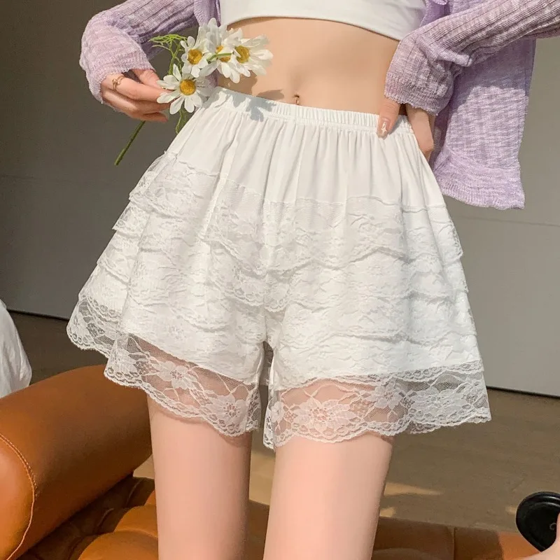 Dames witte kanten losse pasvorm veiligheidsshorts anti-licht rollende rand zomer dunne vrijetijdskleding thuis buitenshuis