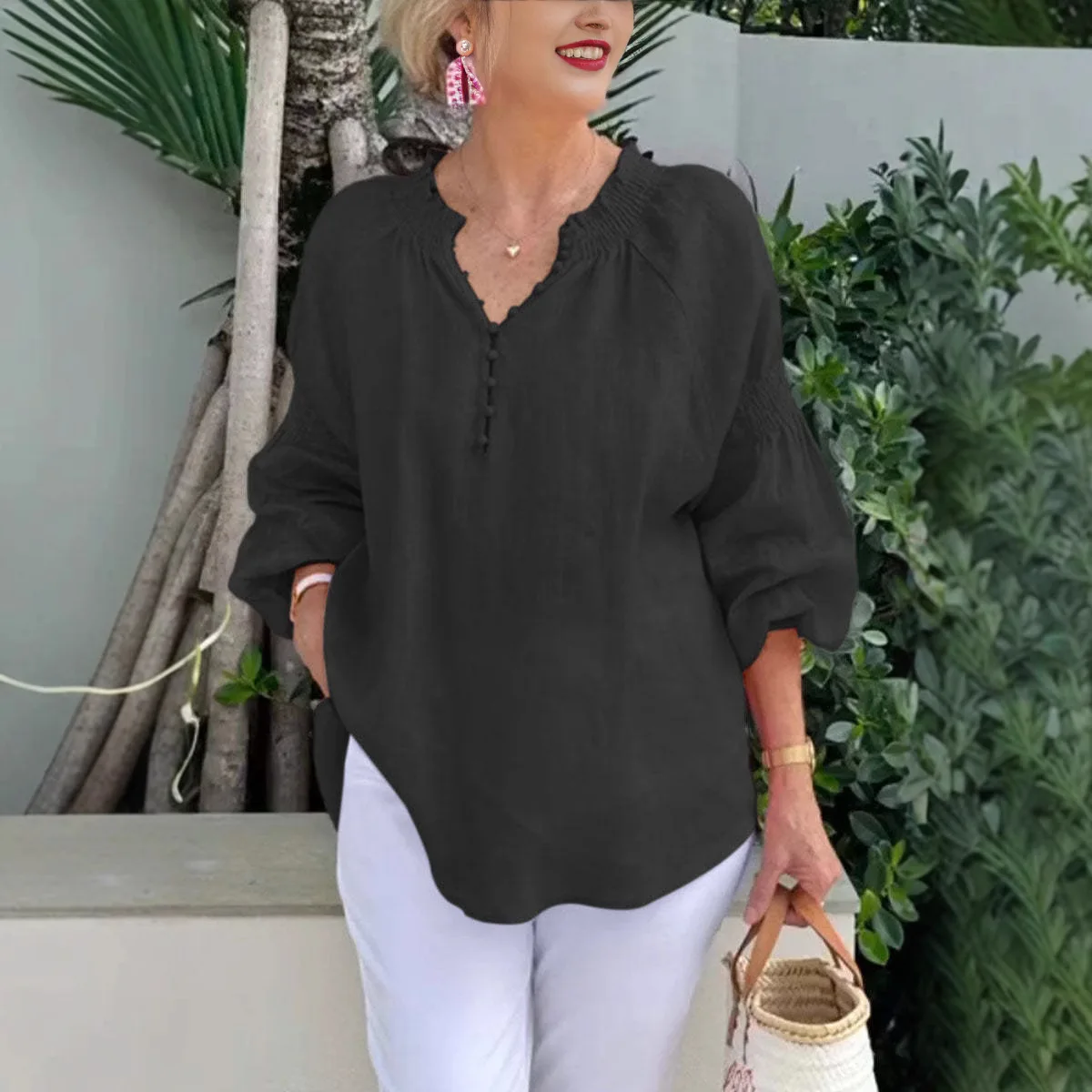 

Женские топы, простые стильные хлопковые льняные рубашки с длинными рукавами, удобные повседневные однотонные топы с v-образным вырезом для поездок на работу и отпуска, весенние топы