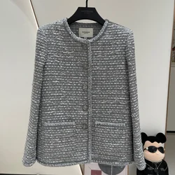 Primavera otoño nuevo abrigo de Tweed gris francés cuello redondo alta calidad pequeña fragancia manga larga Casual Chic abrigo de mujer de manga larga