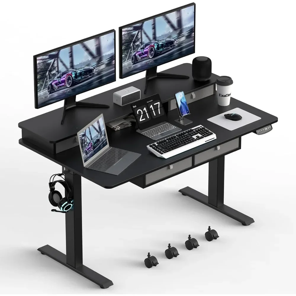 

55 * 30 Inches Electric Standing Widened Desk Adjustable Height with 4 Drawers, Double Storage Shelves Stand Up Desk, Home Offic