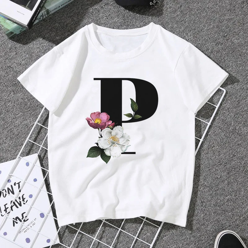 

New Graphic Flowers 26 English Alphabet Print Tshirt Harajuku White Girls Tops T Shirt Kids Summer Child T-Shirts Kids Clothes