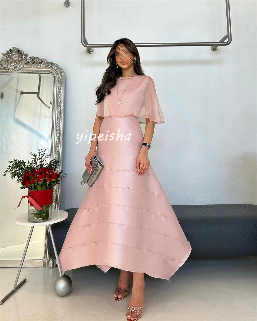 Customized Fashion Simple Pleat A-line High Collar Midi Dresses Evening Dresses Sizes Available High Quality Modern Style Matchi