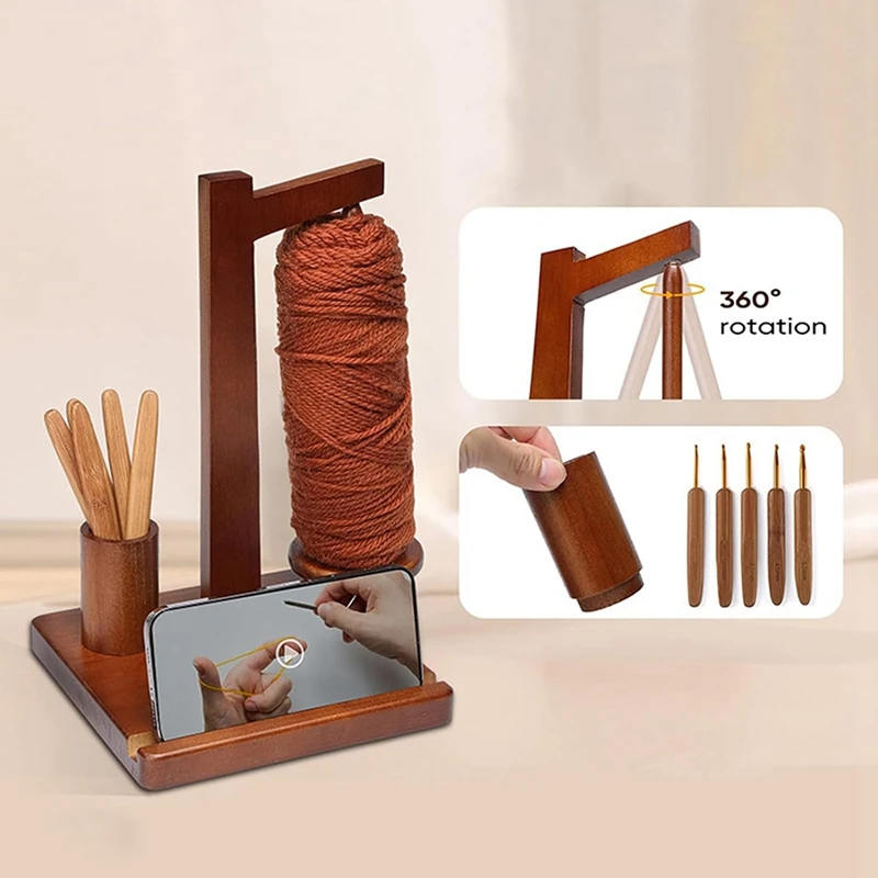 BAAG-Wooden Yarn Holder Phone Stand, Wooden Yarn Holder With Phone Stand, Magnetic Wooden Yarn Spool Rack