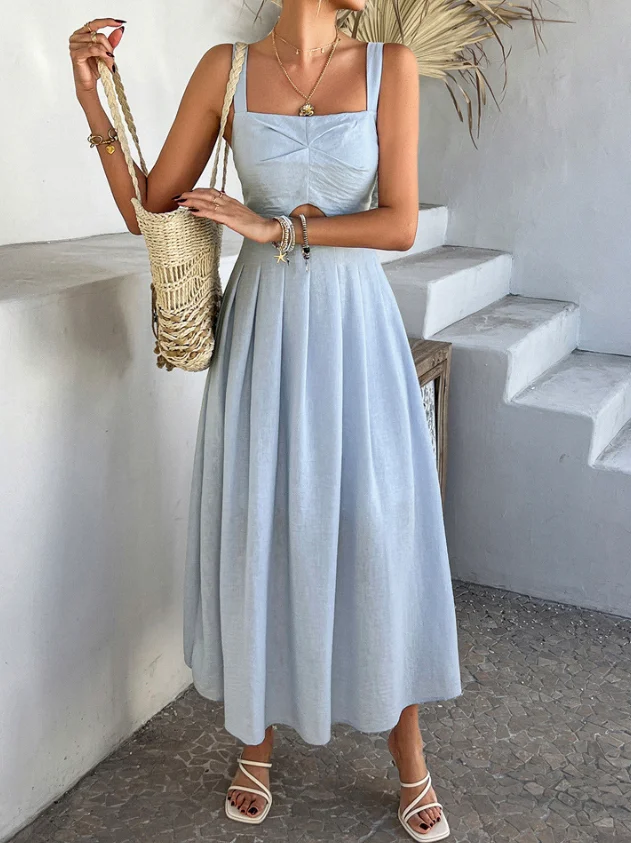 

Womens Dresses Fashion 2025 Summer Simple Commuting Casual and Elegant Vacation Style Solid Color High Waisted Camisole Dress