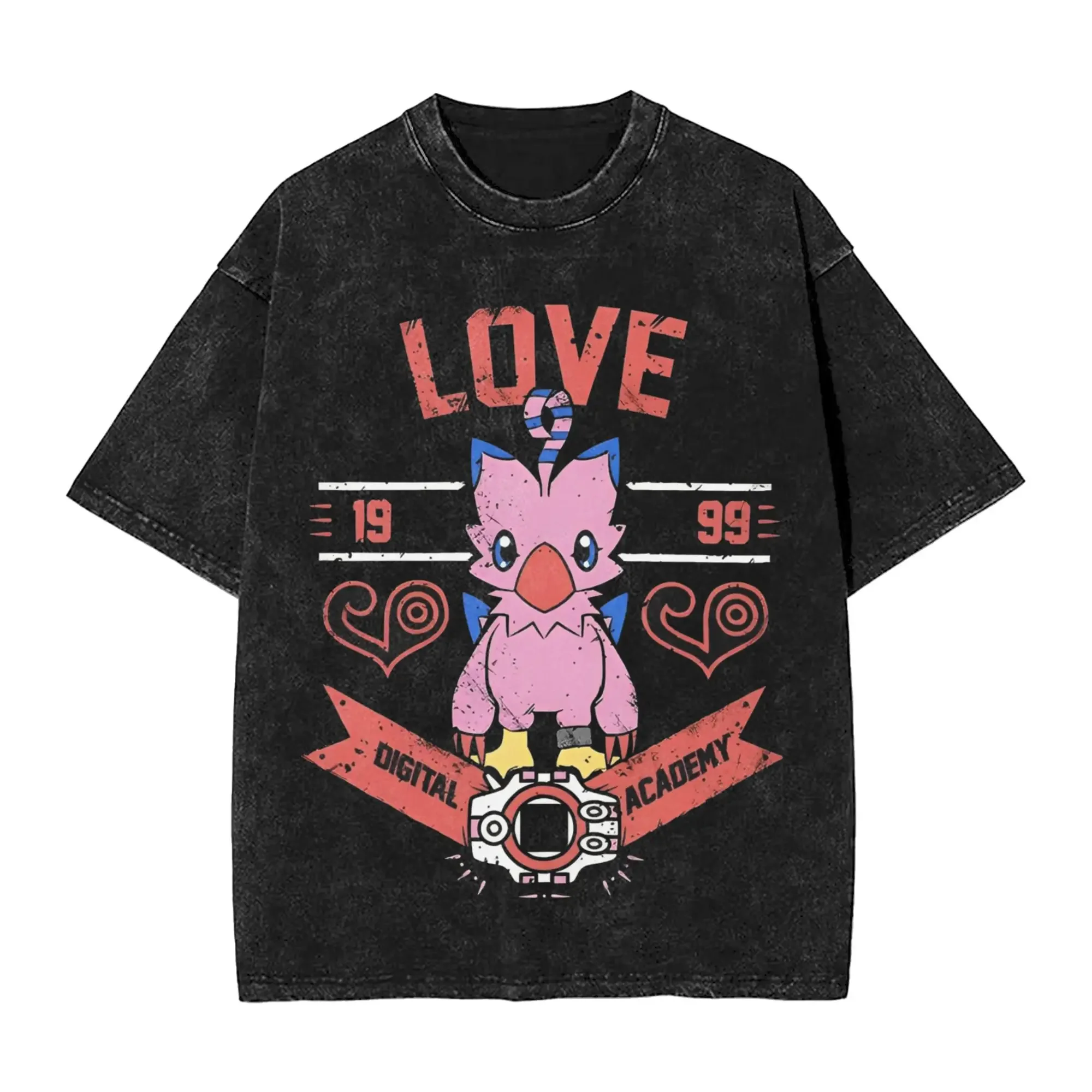 Digimon Adventure Biyomon LOVE Digital Academy 1999 Varsity Style Vintage Washed Anime Print T Shirt Men