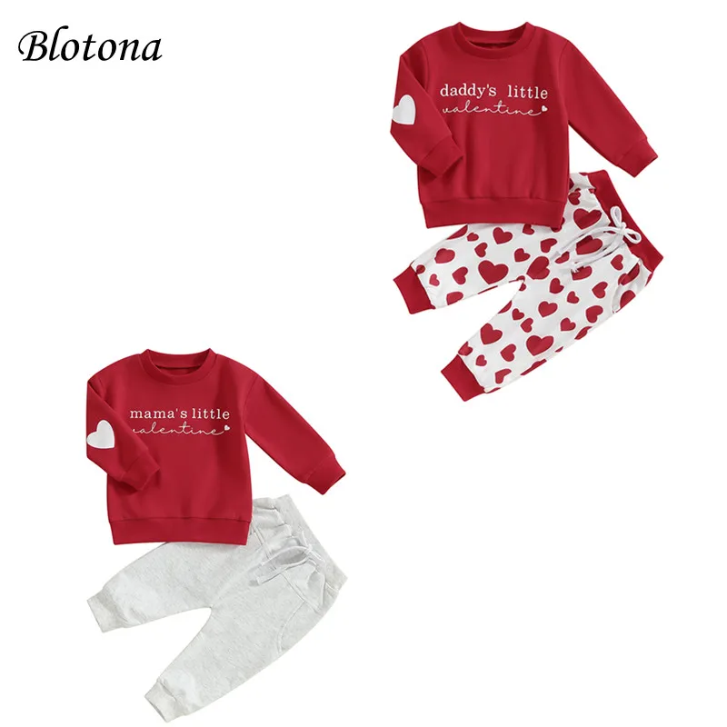 

Blotona Baby Boy Girl Valentine's Day Outfits Letter Print Long Sleeve Sweatshirt and Elastic Pants for Spring Fall Clothes 0-3Y