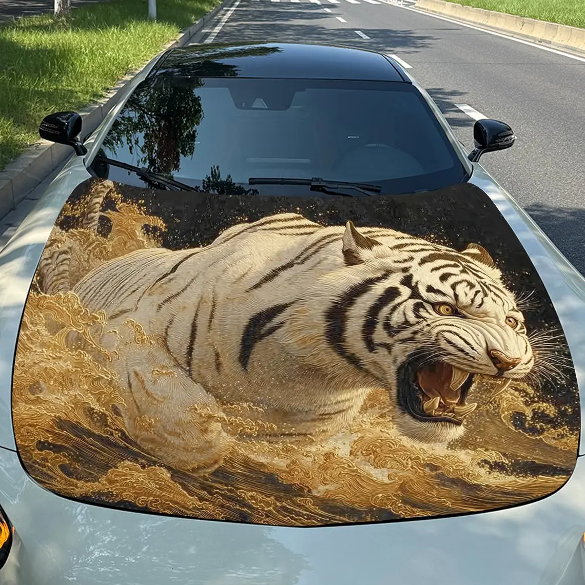 

Golden Tiger Hood Decal Sticker - Durable PVC Vinyl Wrap For Car Engines, Fits Most Vehicles, Protective Film With Vibrant Tropi