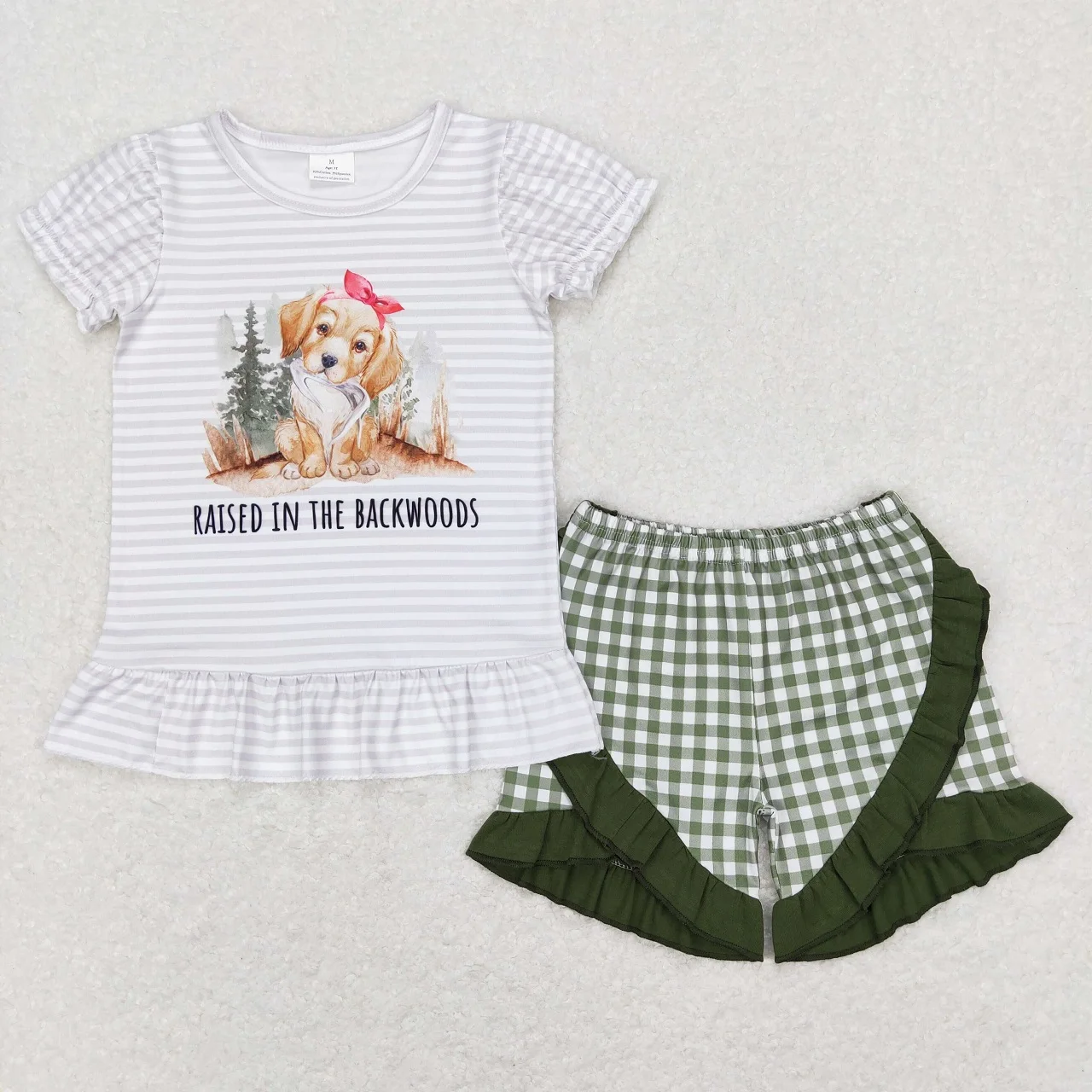 

Wholesale Baby Girl Summer T-shirts Infant Dog Clothing Green Checkered Ruffle Shorts Toddler Outfit Kids Children Hunting Set