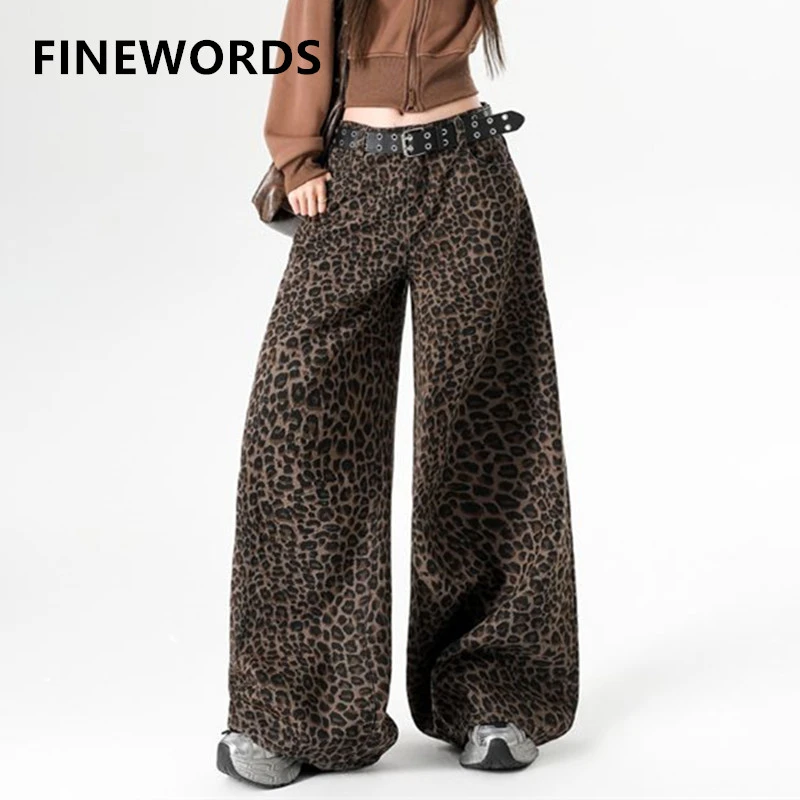 

FINEWORDS Y2K Aesthetic Vintage Leopard Print Jeans for Women High Waist Loose Fit Wide Leg Cargo Trousers Streetwear Casual De