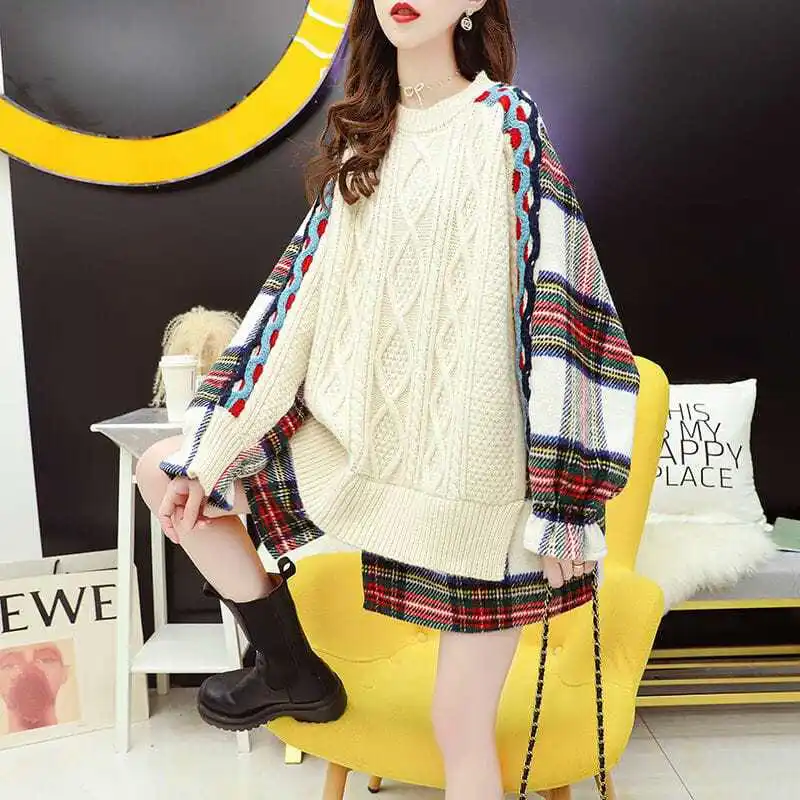 Fake Two Pieces Knitted Jumpers Vintage Plaid Spliced Autumn Winter New Casual Round Neck Women\'s Clothing Korean Loose Sweaters