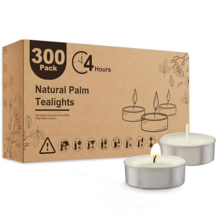 

Unscented Palm Tea Lights Candles 300 Pack Bulk, 4.5 Hours Long Burning White Tea Lights, Non-Paraffin, Smokeless, Mini Tealigh