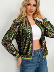 Luxury Sequined Zip Up Rainbow Striped Coat Shiny Beaded Bomber Jacket Club Dance Streetwear Drop Shoulder Cardigan Tops Abrigos