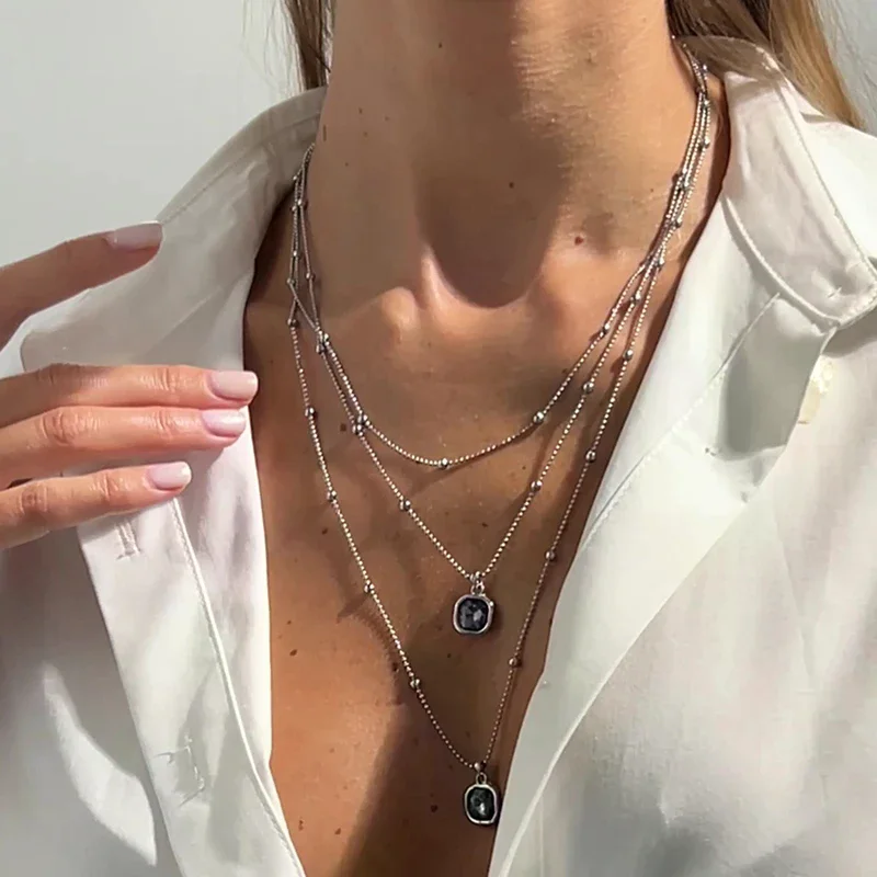 الرجعية حجر الراين مربع قلادة طويلة قلادة للنساء الحد الأدنى متعدد الطبقات سلسلة الترقوة سترة سلسلة مجوهرات هدايا