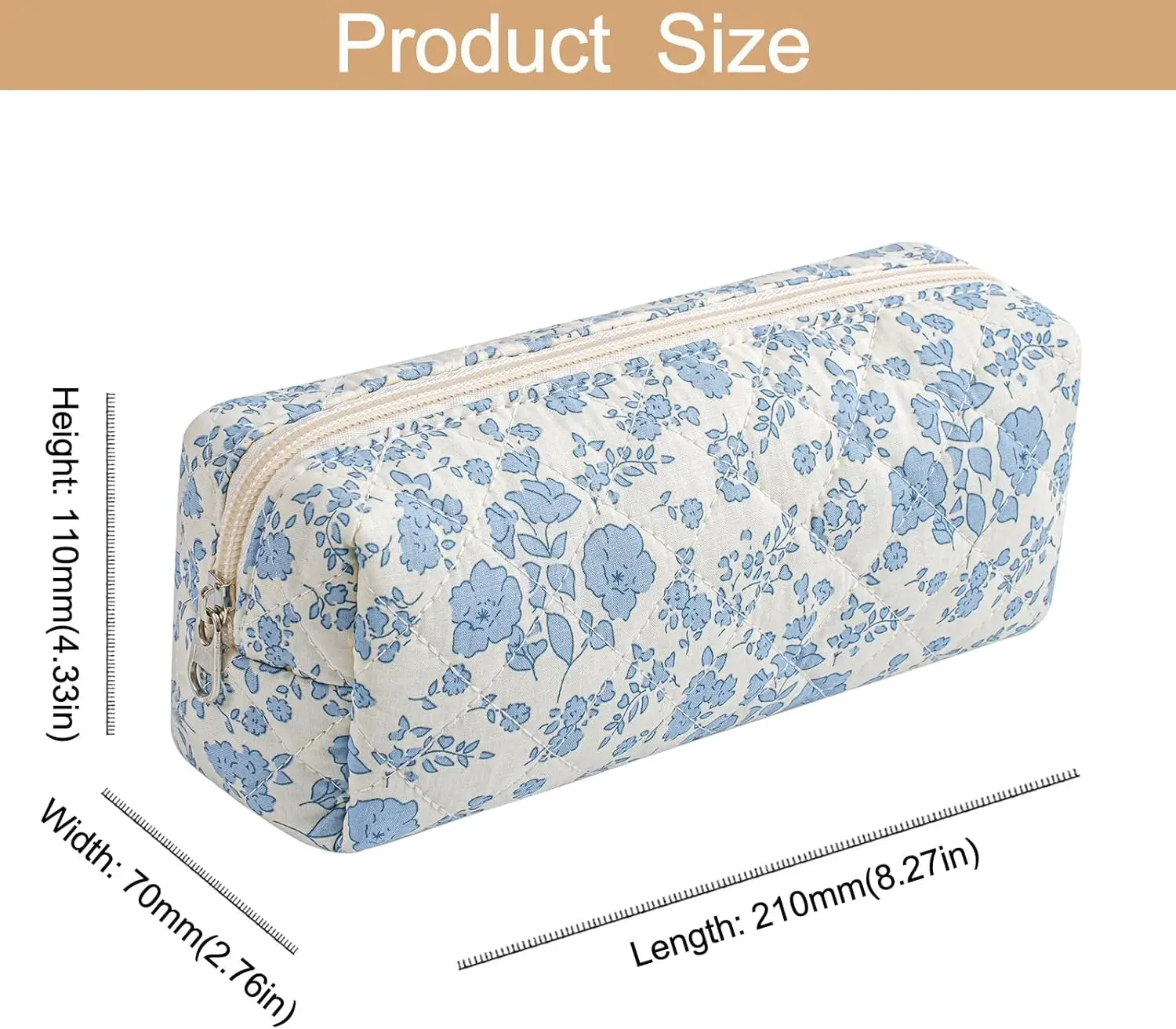 Cotton Makeup Brush Cosmetic Bag for Women, Travel Quilted Zipper Make Up Bag, Flowers Toiletry Organizer Case