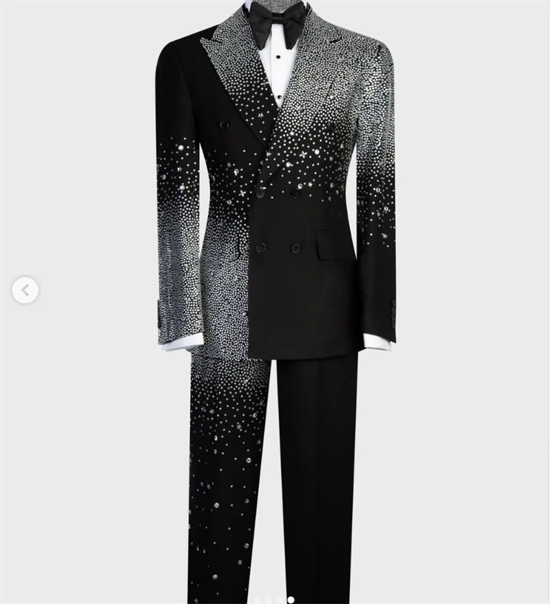 

Luxury Crystals Men Suit Set 2 Pieces Blazer+Pants Trousers Double Breasted Formal Office Coat Wedding Tuxedo Customized Jacket
