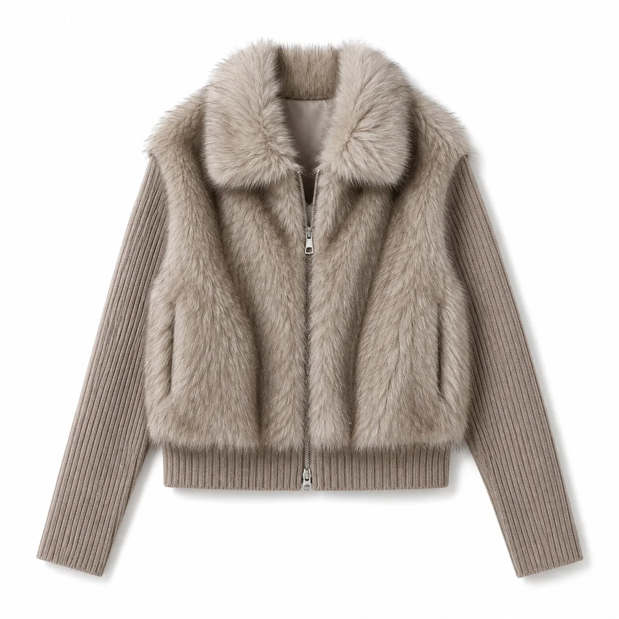 2026 Autumn Winter Women Imitation Fur Coat New Fashion Splicing Knitted Long-sleeved Lapel Zipper Short Jacket Female Outerwear