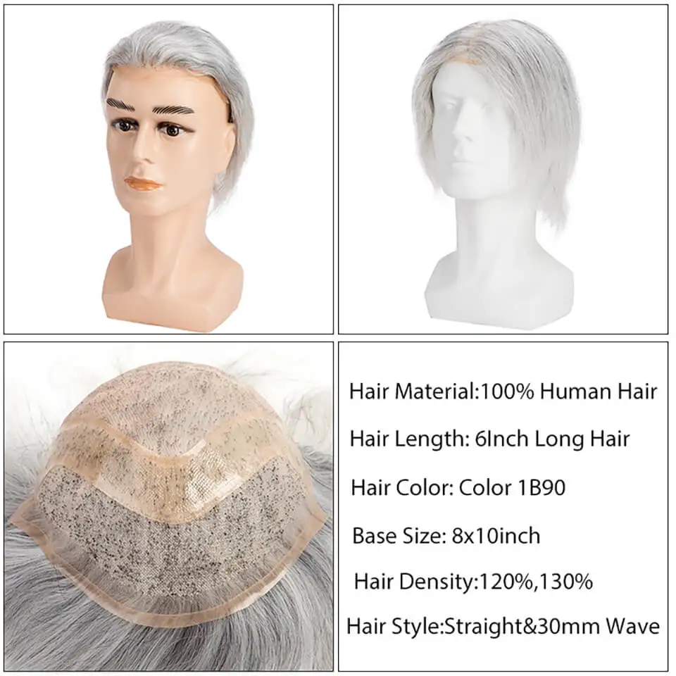Breathable Mono Lace Pu Base Male Hair Prosthesis Human Hair Men's Wig Systems Natural Hairline Toupee Man Wig Replacement