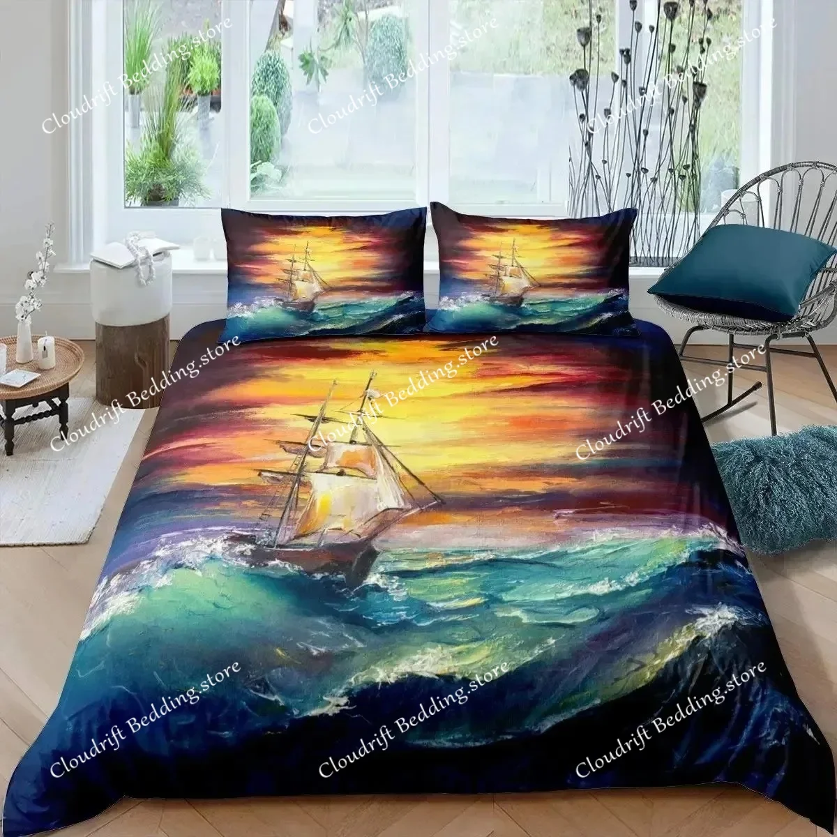 3D Sailboat Duvet Cover Set Nautical Bedding Set Sailing Ship Comforter Wooden Boat Pirate Yacht Adventure Theme Quilt Cover
