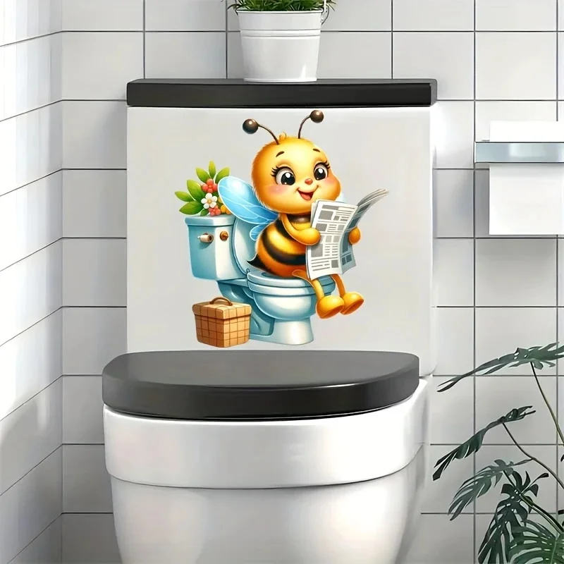 MT1085# Bee Reading Newspaper Toilet Seat Decal - Animal Print Self-Adhesive Wall Sticker for Bathroom, Shower Room, Bedroom -