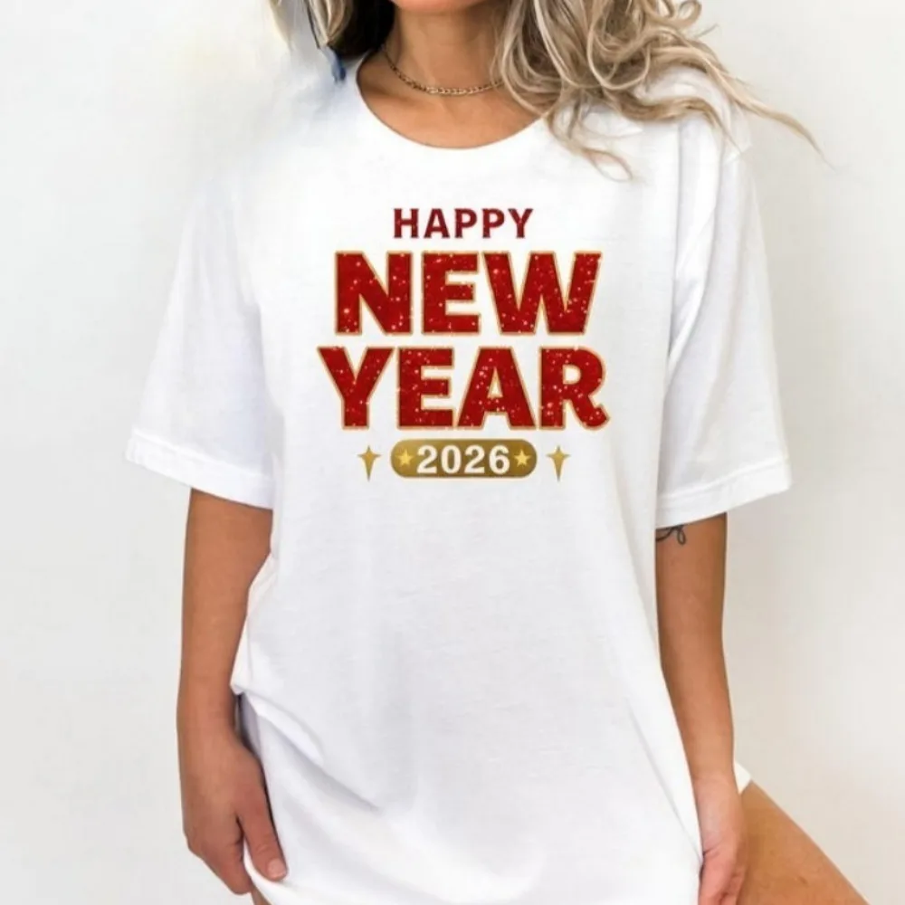 Happy New Year 2026 T-Shirt Red Letter Graphic Tee Festive Celebration Tops Street Fashion Streetwear Sweatshirt  Women Y2k Top