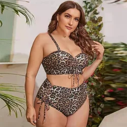 L-4XL Plus Size Swimswear Fat Lady Woman Two Piece Leopard Print Beachwear Hard Bag High Waist Drawstring Gathering Swimsuit