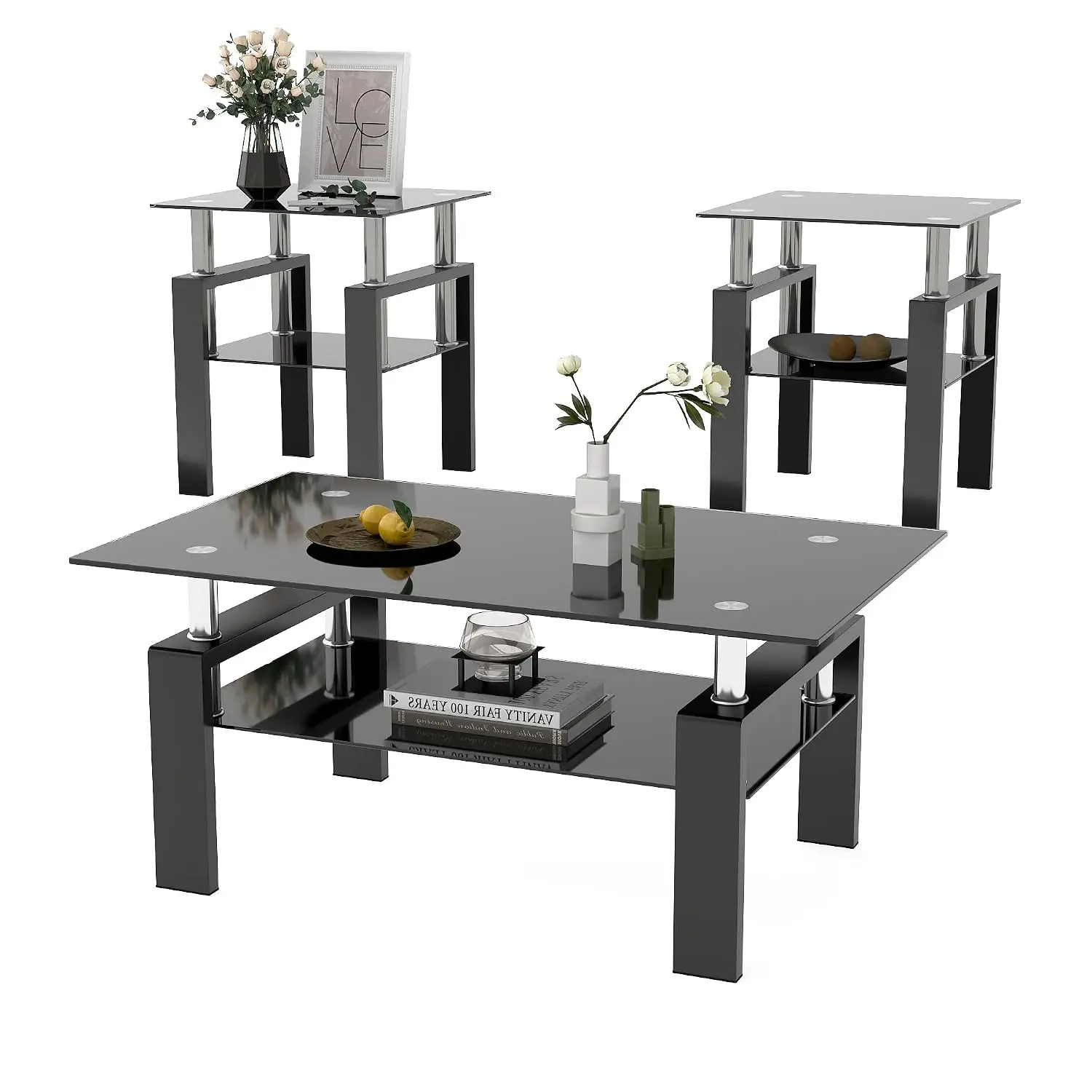 Modern Tempered Glass Coffee Table Set 3 Piece Living Room Office Apartment Small Space Black, Customized
