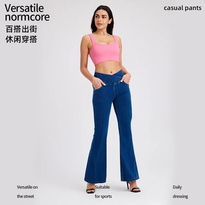 Baggy Jeans Women Flared High Waist Denim Pants Light Blue Wide Leg Full Length Solid Color Multi Pocket Cross Waistband