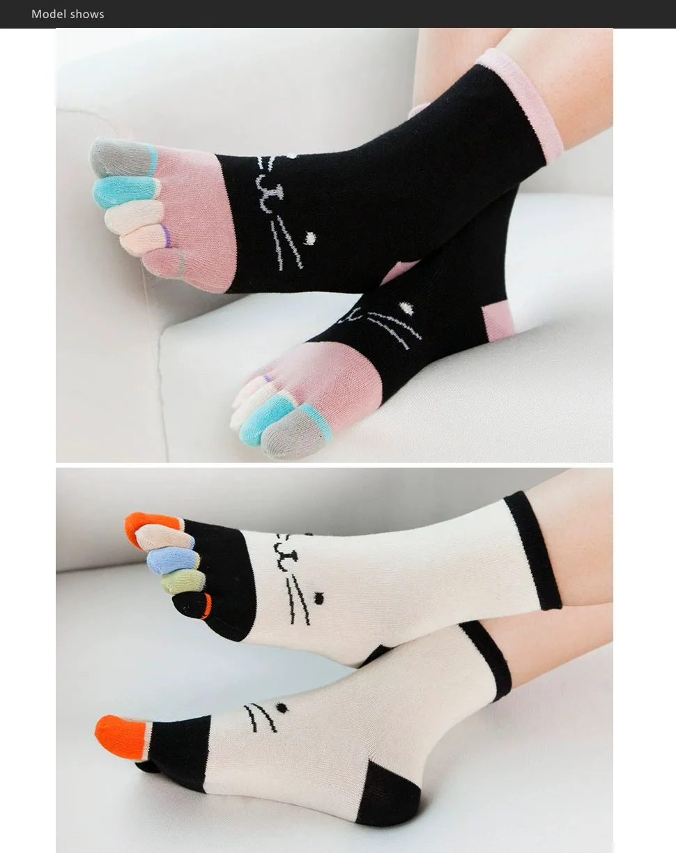 Niedliche kurze Zehensocken für Damen und Mädchen, Baumwolle, gestreift, Katze, Liebe, modisch, schweißabsorbierend, antibakteriell, atmungsaktiv, warm, Fünf-Finger-Socken – Detail 5
