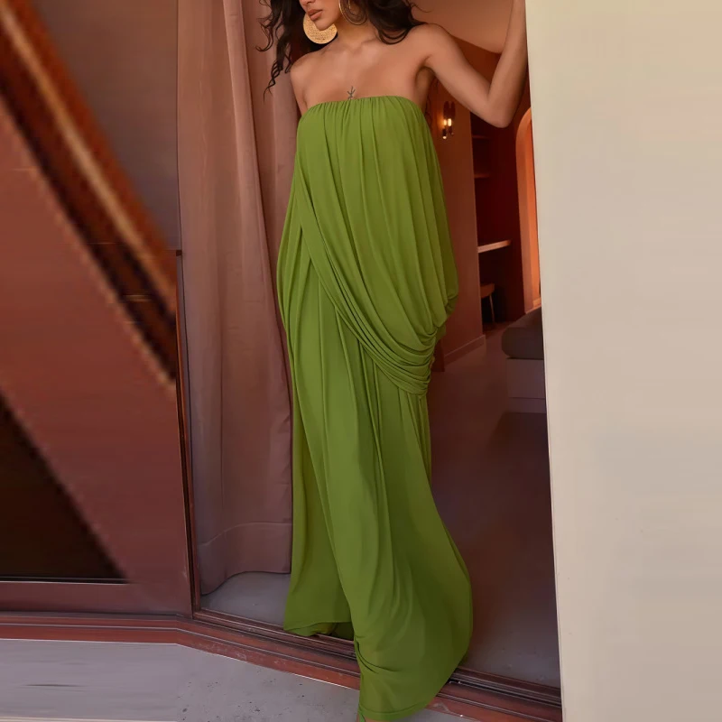 Robe de cocktail sans bretelles et sans manches, couleur unie, pour femme, élégante, drapée, fendue, longue, mode estivale, dos nu, pour soirée