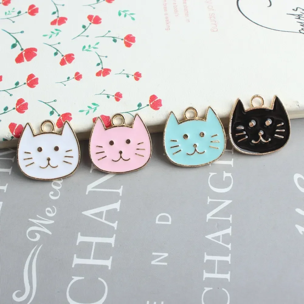 10pcs Big Face Cat Alloy Enamel Black Pink Green Animal Charm Pendant for Necklace Bracelet Jewelry Making DIY Earring Findings