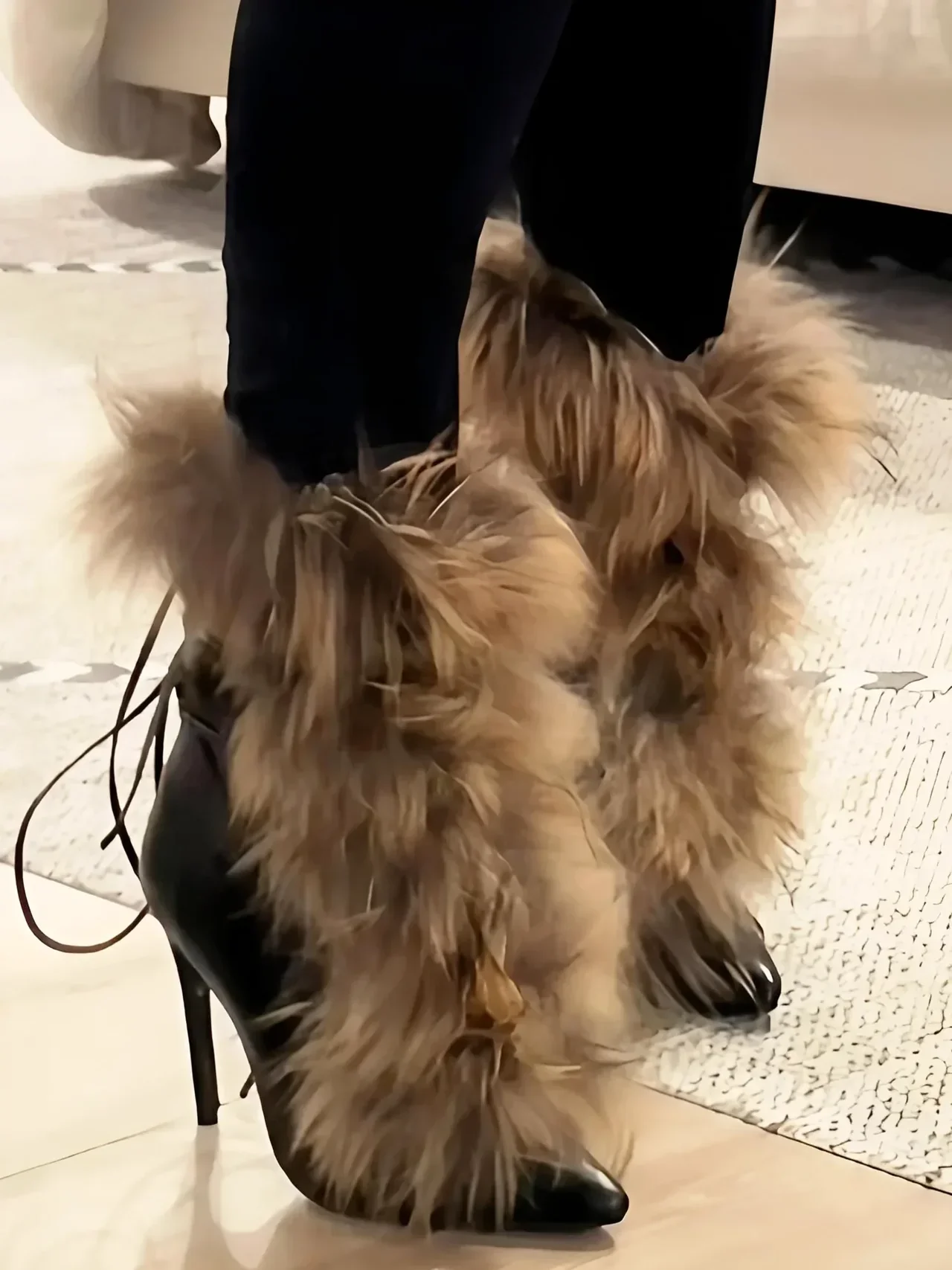 

White/Black Pointed Toe Fur Mid-Calf Boots Stiletto Heels Ankle Straps Lace Up Sexy Versatile Fashion Short Boots For Women