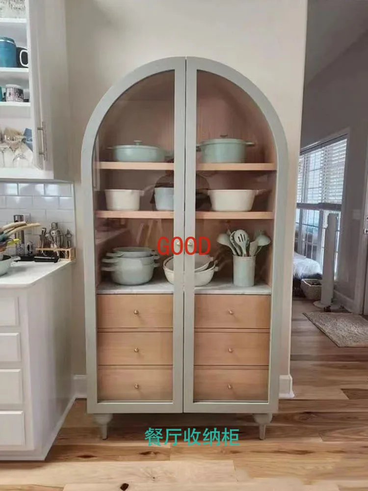 Bookcase with Door French Retro Glass Door Storage Sideboard Cabinet Arch Study Bookshelf Customization