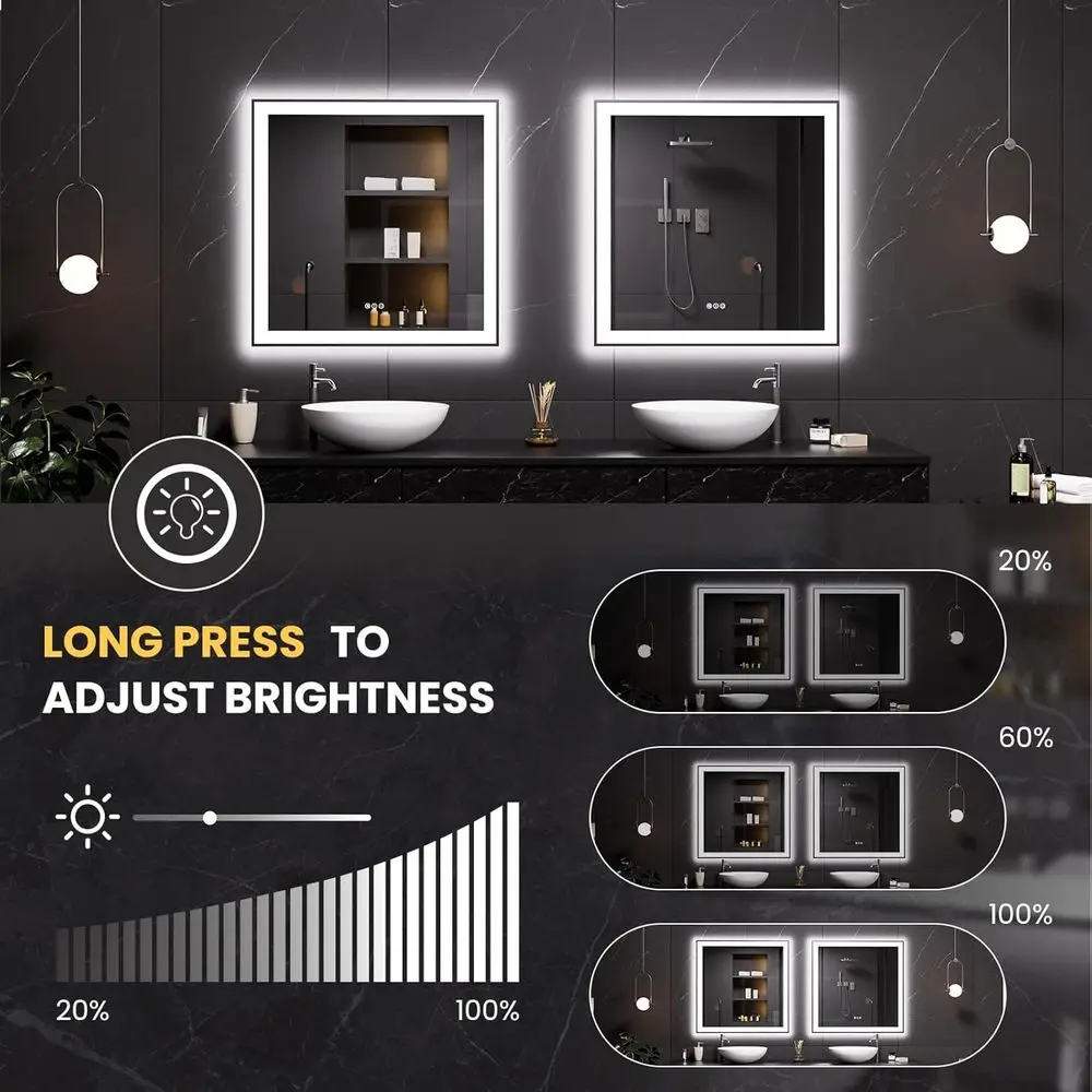 Miroir de salle de bain éclairé par 32 LED encadré noir avec antibuée, éclairage à intensité variable et verre trempé