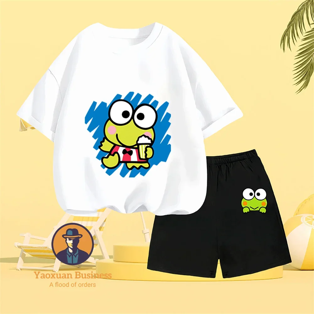

KeroKero Keroppi Fashion Anime Print Pure Cotton Round Neck Two Piece Set Summer Campus Casual Wear