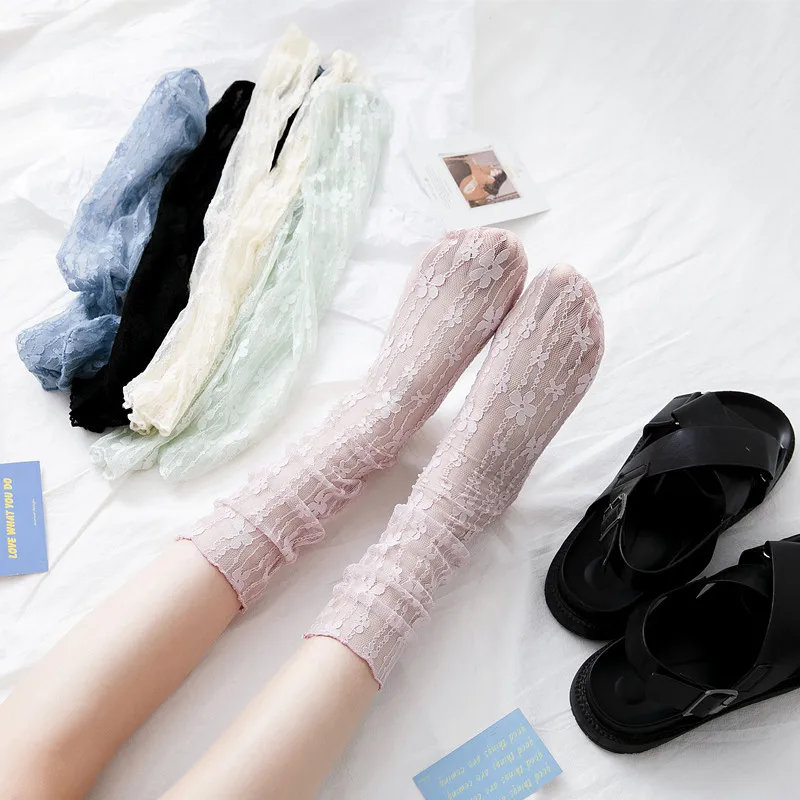 Women's Harajuku Kawaii Ladies Breathable Transparent Floral Lace Socks Sweet Mesh Fishnet Socks Soft Funny Socks Hosiery girl