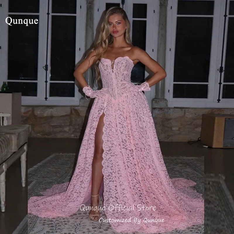 Qunque Glamouröse rosa Abendkleider mit Herzausschnitt, A-Linien-Kleider für Damen, Spitze, Prinzessin, hoher Schlitz, Vestidos De Gala, individuell gestaltet