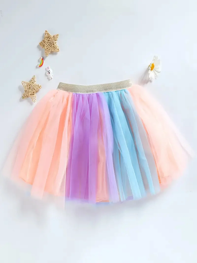 Girls Rainbow Skirt Layered Gradient Soft Tulle Tutu Skirts For Birthday Dance Performance Festive Costume