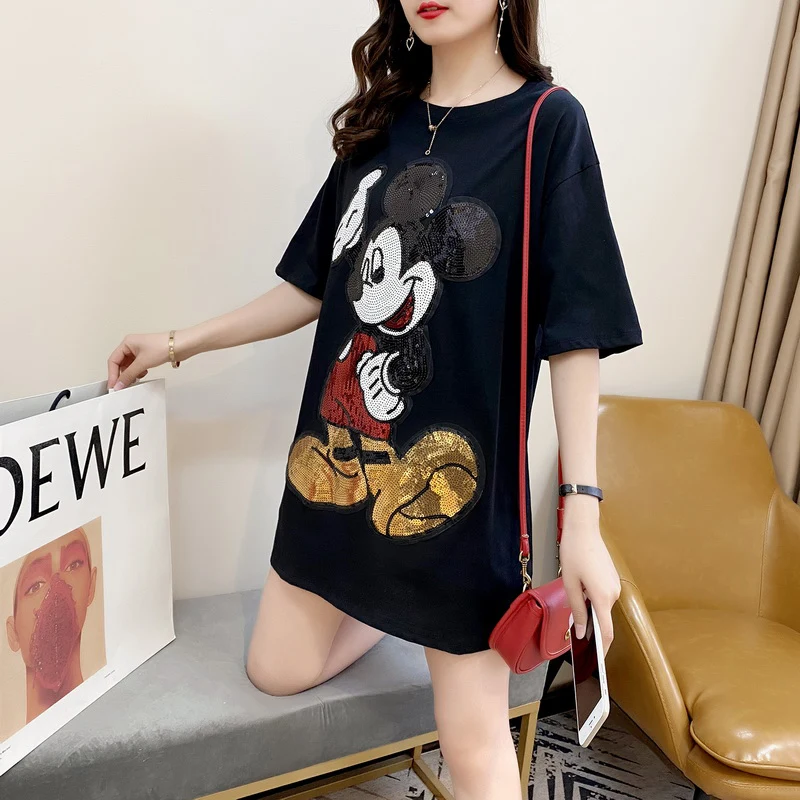 Merkkleding Nieuwe Collectie Top Mode Pullovers Casual Katoen Cartoon Mickey Cartoon Kralen Print T-Shirt Jurken