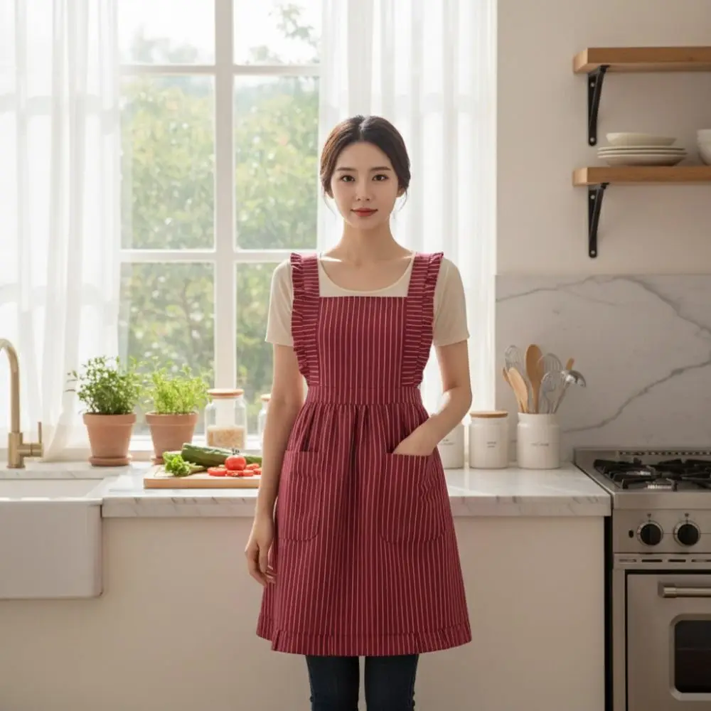 Summer Thin Style Kitch Sleeveless Apron Oil-proof Cotton Cooking Baking Bibs Large Pocket with Straps Princess Dress Apron