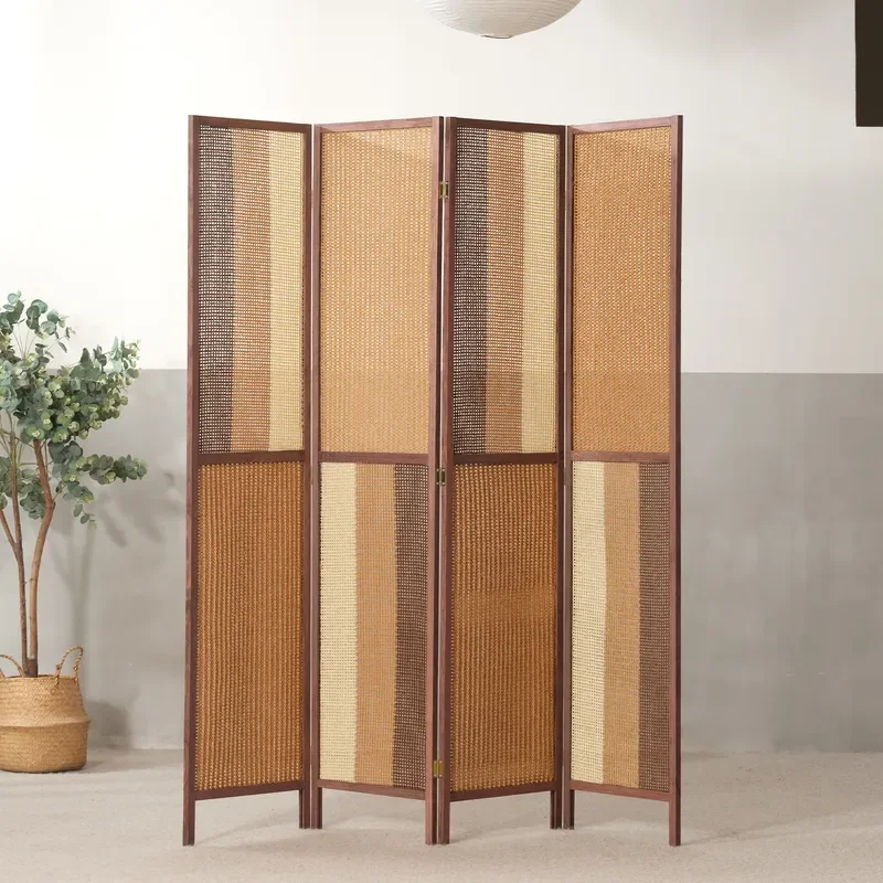 Solid Wood Paper Rattan Screen Partition Foldable Room Divider for Living Room Hotel Entrance Dining Background Mobile Rental