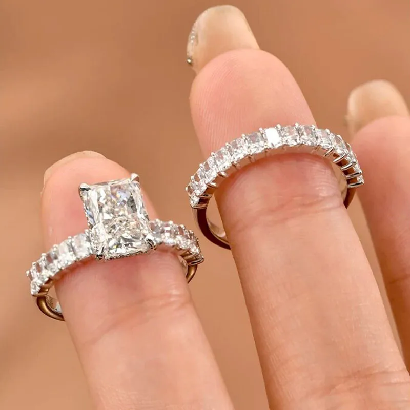 a set of ring White gold Ring Wedding Band Jewelry  Diamond with IGI ﻿ Radiant Shape Lab grown diamond Engagement Rings for Wome