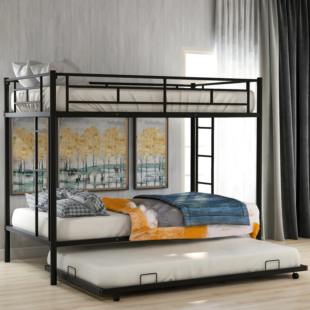 

Children Beds Twin Over Twin Bunk Bed Trundle, Black White Silver Kids Bed Bunk Beds for Kids Shipment From US Local Warehouse