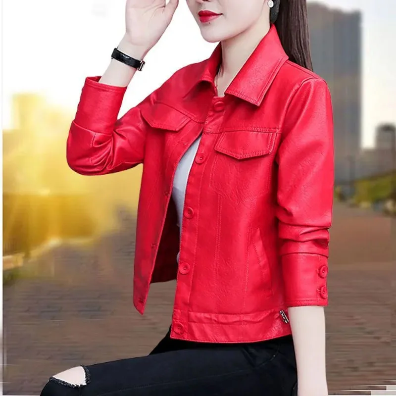 Women's Short Leather Jacket Spring Autumn Korean Style Fashion Versatile Casual Washed PU Leather Jacket Locomotive Coat