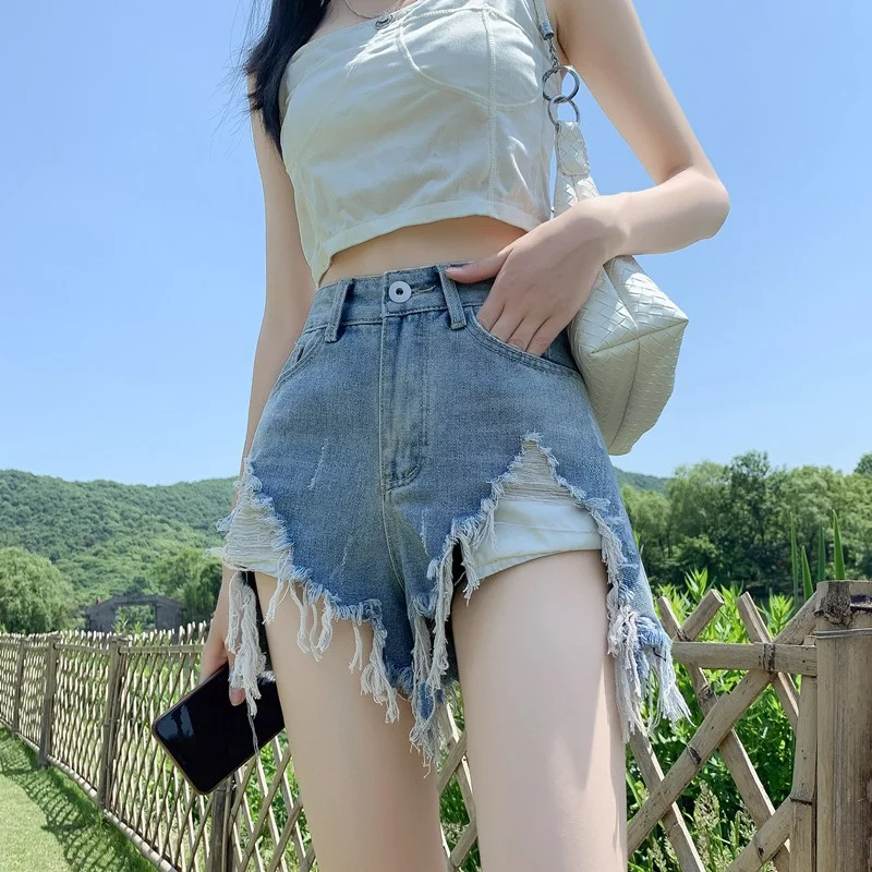 

High Waist Denim Shorts Women's Summer New Loose Slim A-Line Wide Leg Super Short Hot Pants Thinming Cooling Effect Jeans