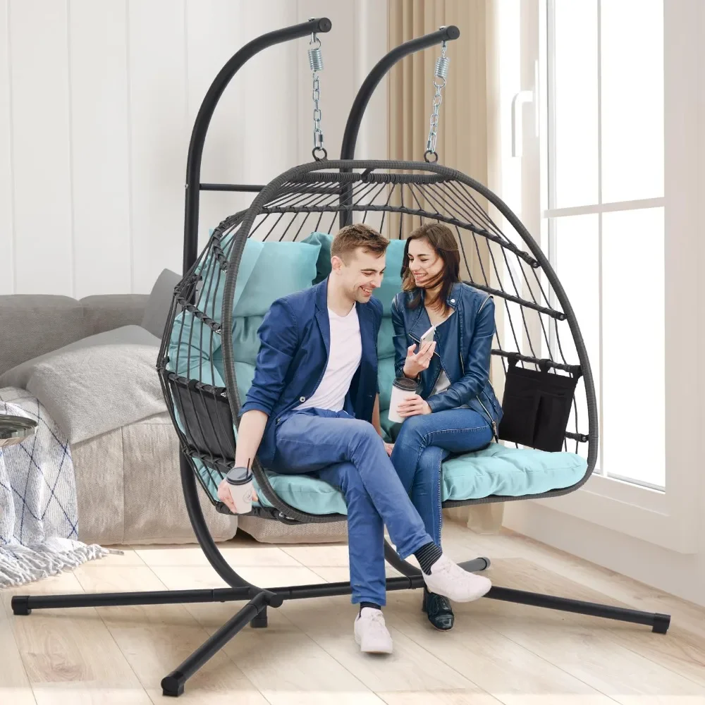 2024 New Double Rattan Swing Egg Chair with Side Pockets, Foldable Hanging Egg Chair with Stand