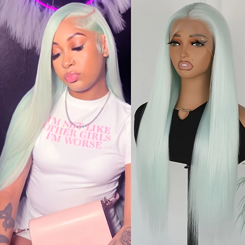 

Синтетический парик 13x4 с длинными прямыми волосами, мятно-зеленый, с фронтальной шнуровкой, предварительно прорезанный, с естественной линией роста волос, без клея, термостойкий