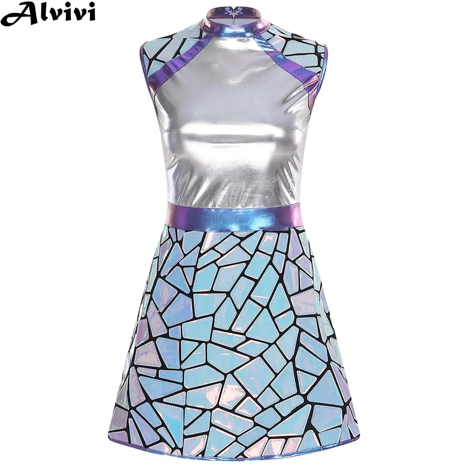 

Women Metallic Shiny Sequin Alien Astronaut Cosplay Dress Halloween Theme Party Galaxy Traveler Space Warrior Role Play Costume