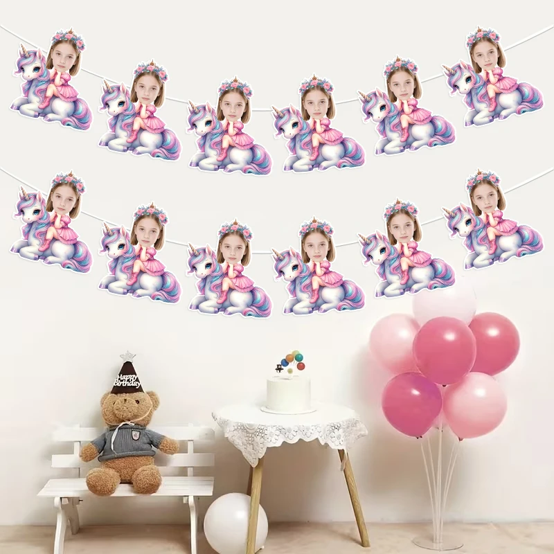 6/12Pcs Custom Photo Unicorn Riding Shape Bunting Garland Personalized Face Portrait Banner DIY Customized Hanging Party Suppl