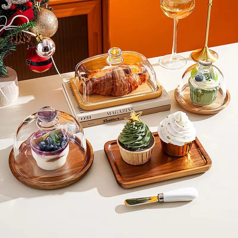 Transparent Glass Bamboo Wood Cake Plate Dessert Display Western Dinnerware Serving Butter Tray Creative Short Sleeve T-Shirt